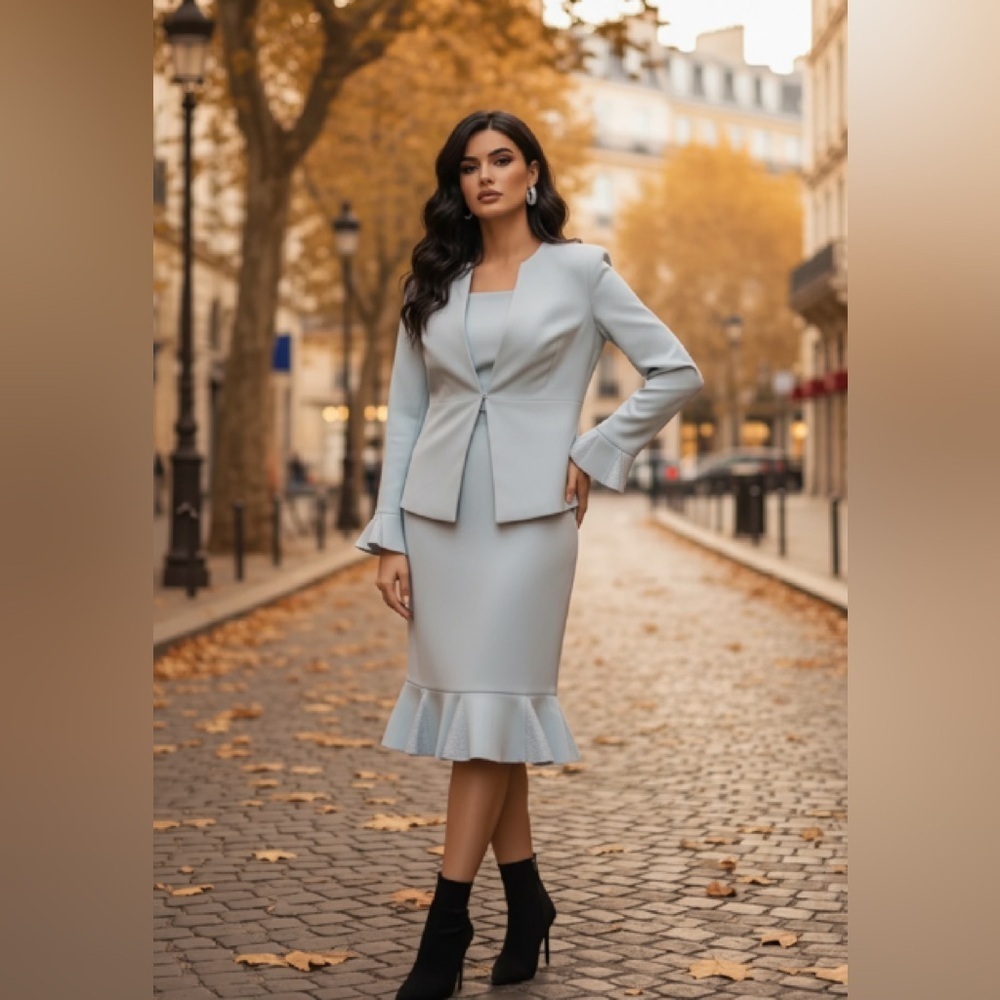 Albert Nipon Elegant Light Gray Jacket & Skirt Set